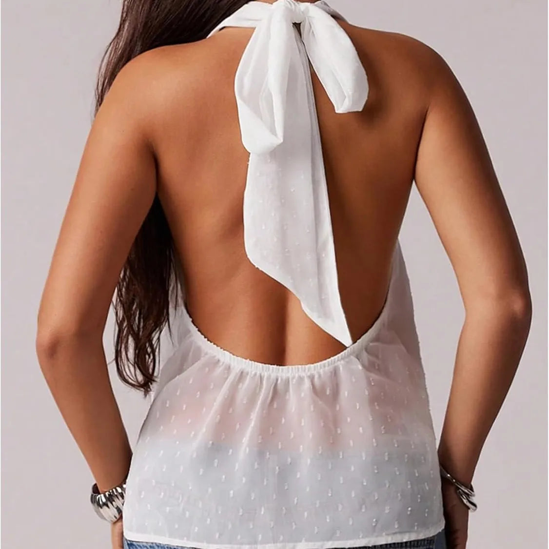 Summer Women Halter Neck Sleeveless Tank Sexy Open Back Tie Knot Backless Top Vest Elegant Swiss Dot Casual Streetwear