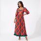 Women Christmas Holiday Tartan Plaid Long Dress Square Neck 3/4 Puff Sleeve Smocked Back Ruffle Hem Flowy Midi Dress