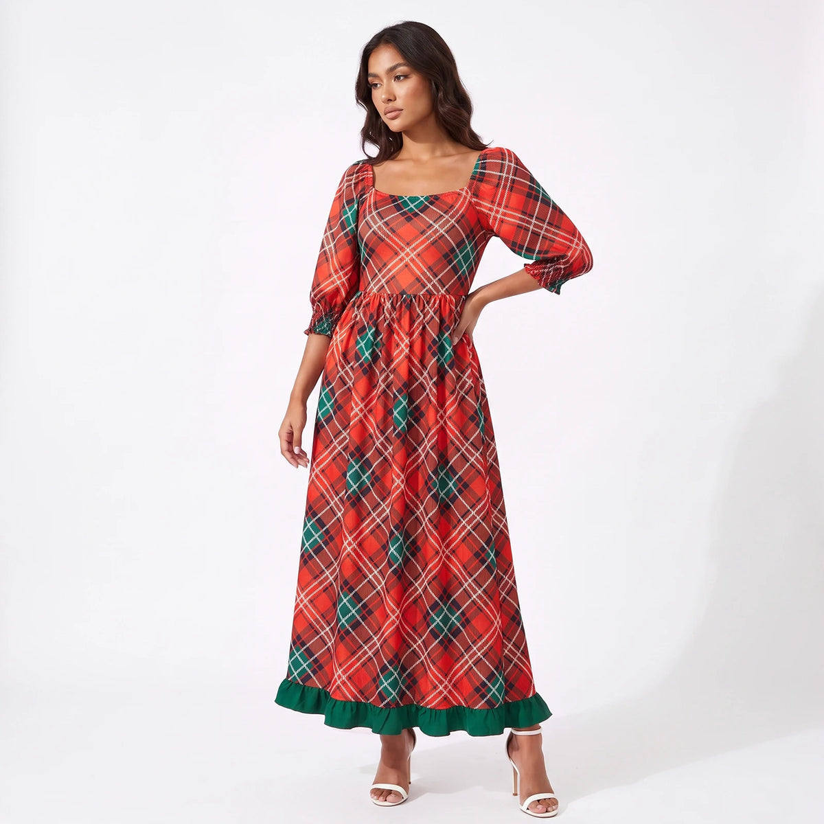 Women Christmas Holiday Tartan Plaid Long Dress Square Neck 3/4 Puff Sleeve Smocked Back Ruffle Hem Flowy Midi Dress
