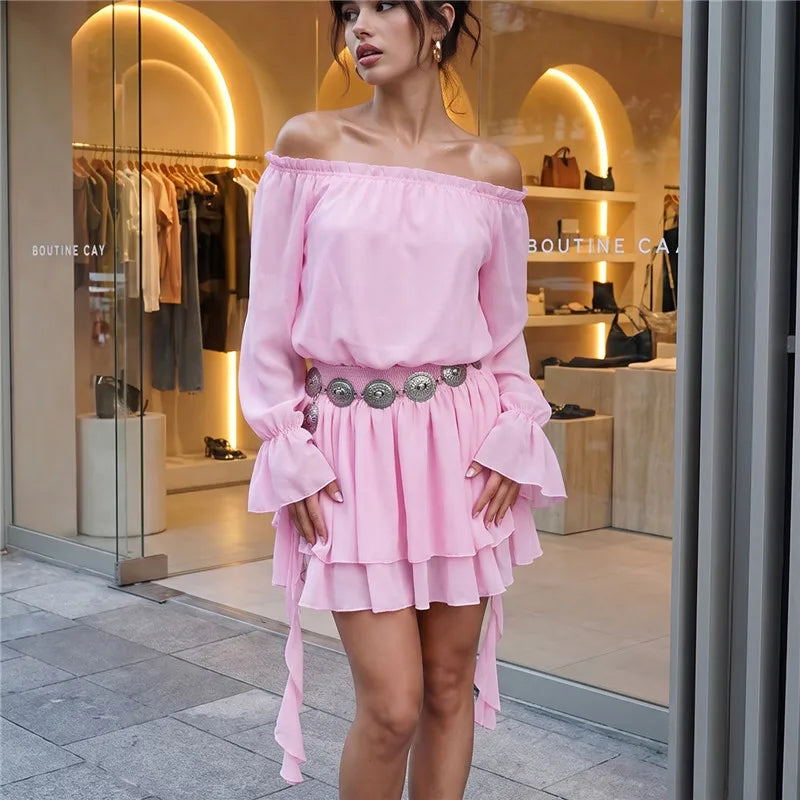 Elegant Off Shoulder Flare Long Sleeve Chiffon Mini Dress Women Elastic Waist Tiered Ruffle Beach Vacation Short Dress