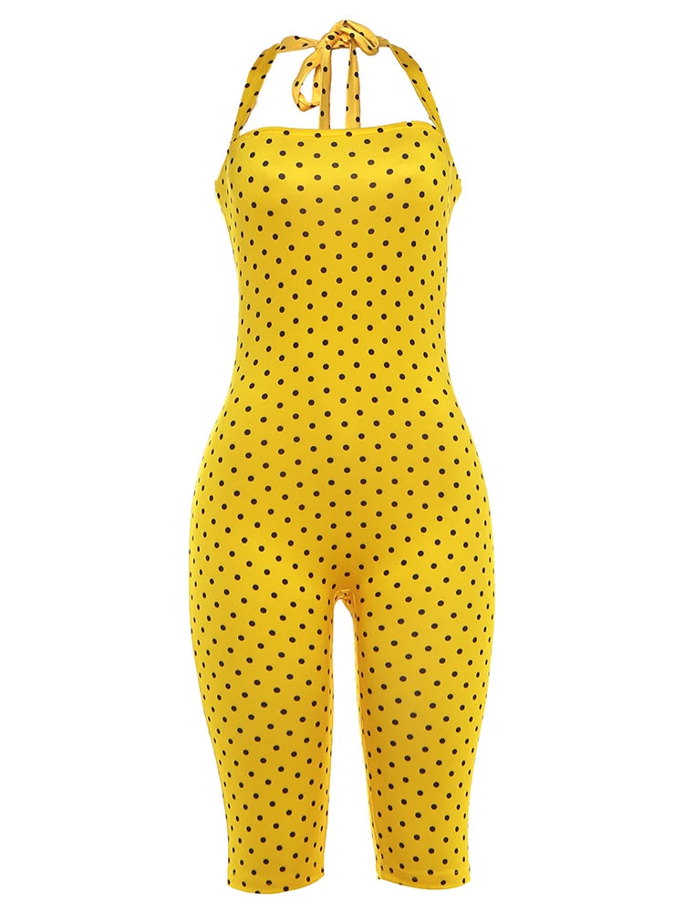 Polka Dot Print Backless Rompers Woman Summer Sexy Bandage Halter Sleeveless Skinny Peach Hip Streetwear Playsuits