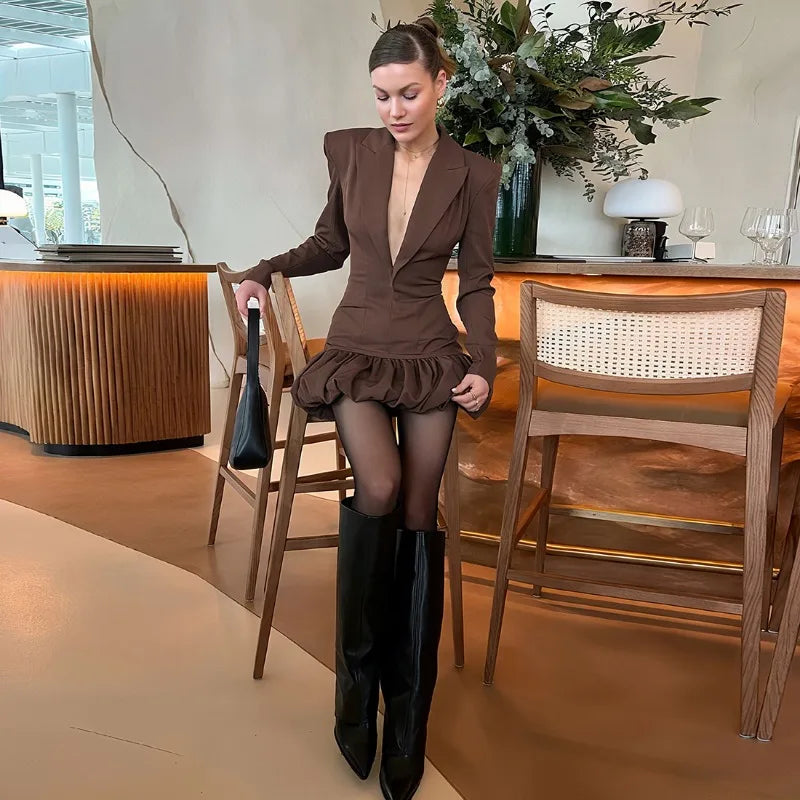 Brown Plunge Puff Hem Blazer Dress Sexy Deep V Neck Long Sleeve Short Dresses for Woman Clothes Fall