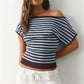 Y2K Women Asymmetric Diagonal Off Shoulder Knit Top Striped Solid Short Sleeve Slim Cropped Casual Crop Blouse