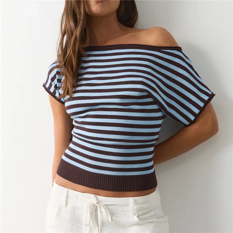 Y2K Women Asymmetric Diagonal Off Shoulder Knit Top Striped Solid Short Sleeve Slim Cropped Casual Crop Blouse