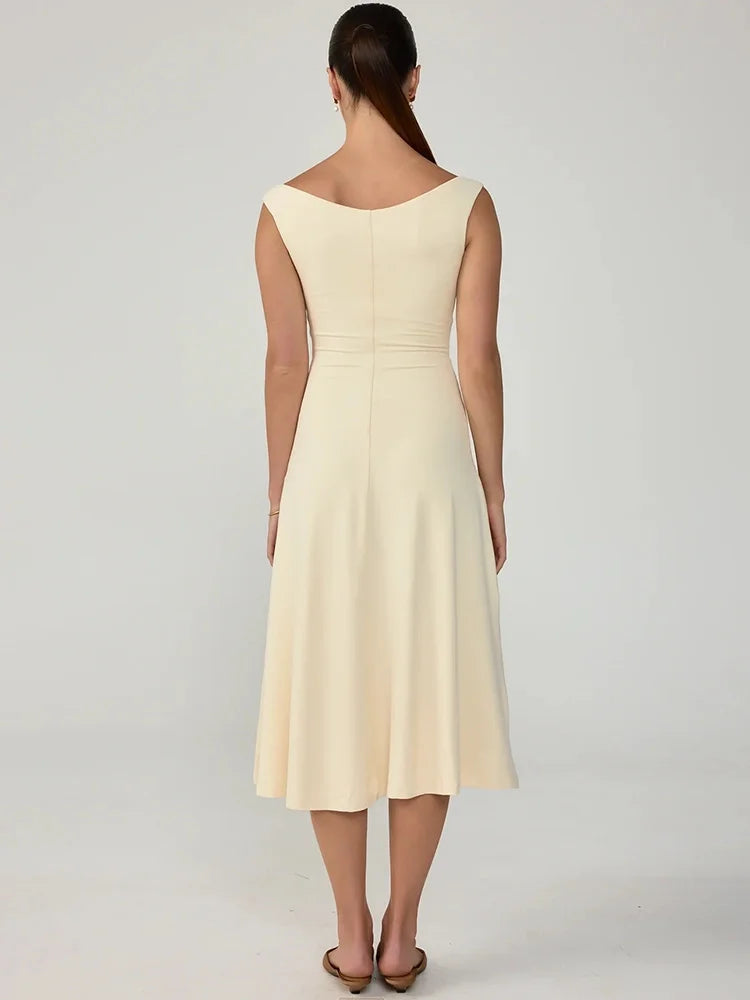 Women V Neck Cap Sleeve Sexy Midi Dress Solid Slim Fit Flared A Line Dress Elegant Wedding Guest Party Casual Dress