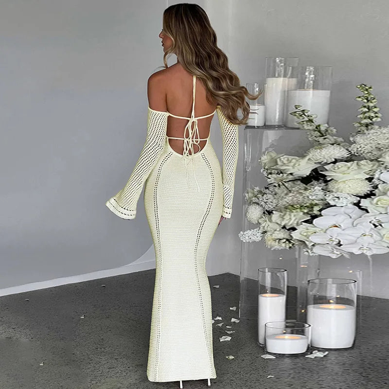 Hollow Knitted Sweater Dress for Women Elegant Sexy Crochet Halter Backless Long Dresses Party Outfits