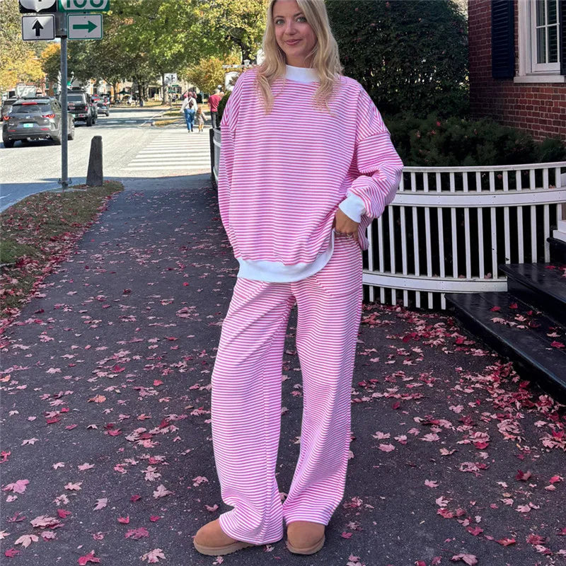 Striped Sweatshirt Sets for Women 2 Piece Pants Outfits Y2k Long Sleeve High Neck Pullover and Pants Spring Tracksuit