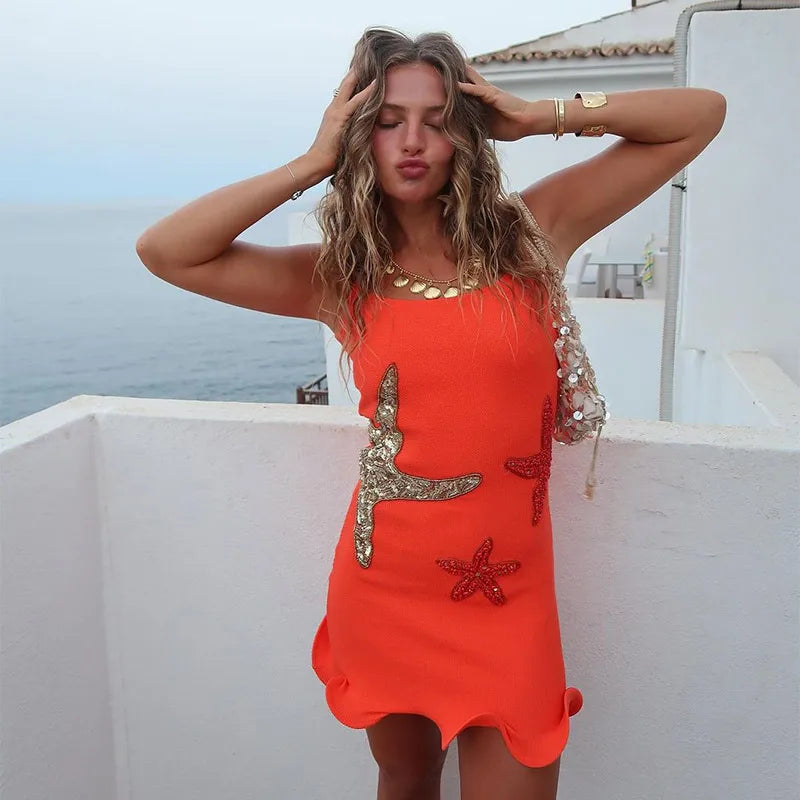 Sparkling Sequined Strap Women's Knit Mini Dress Elegant Shiny Sleeveless Bodycon Holiday Dresses Beach Party Vestido