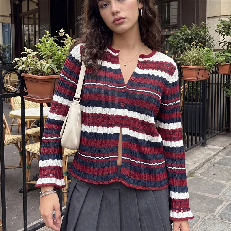 Women Round Neck Striped Ribbed Knit Sweater Flare Sleeve Button Front Slim Fit Cropped Cardigan Street Casual Outerwear