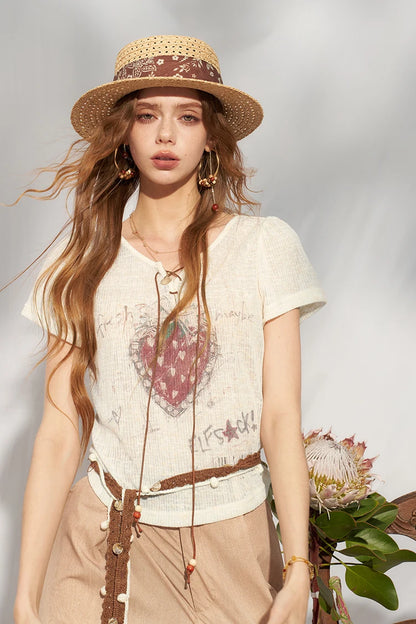 Women's Strawberry Print Lace-Up T-Shirt, Puff Sleeve Knit Punk Streetwear Top, Sweet Grunge Y2K Tee