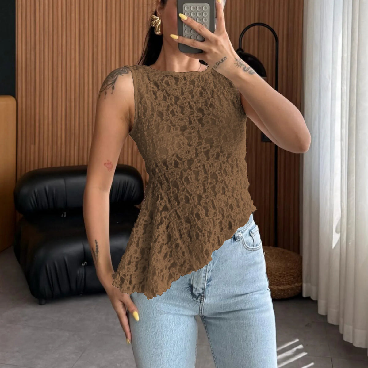 Summer Lace Sexy Tank Top Women Fashion O Neck See Through Sleeveless Tank Tops Vest Female Elegant Irregular Top Tees