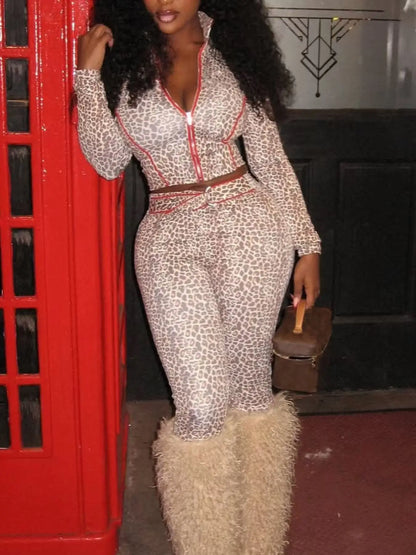 Leopard Print 2 Piece Set Women Tracksuit Casual Crop Jacket+Metal Sash Leggings Street Matching Club Stretch Outfits