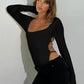 Square Neck Cutout Backless Bodysuits Women Sexy Long Sleeve Tops Black White Tees Trending