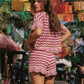 Women Boho Knit Striped Short Sleeve Eyelet Embroidered Hollowed Crop Top and Drawstring Micro Shorts 2 Pcs Matching Set