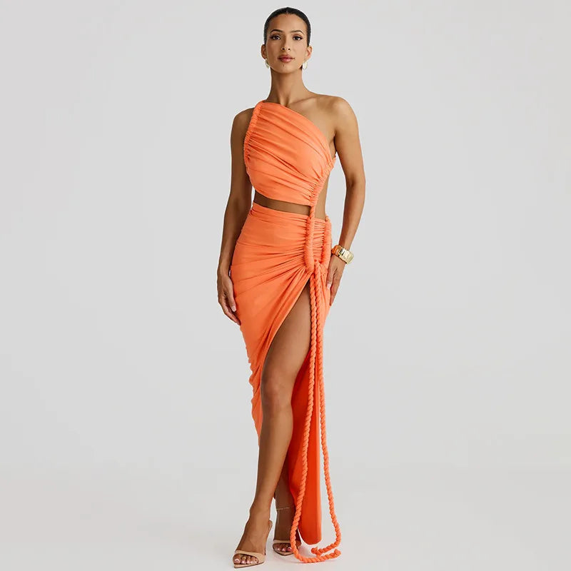 Asymmetrical Ruched Backless High Split Long Dresses Woman Summer Dress Elegant Sexy Vacation Outfits