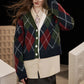 2025 V Neck Cardigan Women, Loose Preppy Wool Blend Sweater, Y2K Diamond Pattern Open Front Knit Top