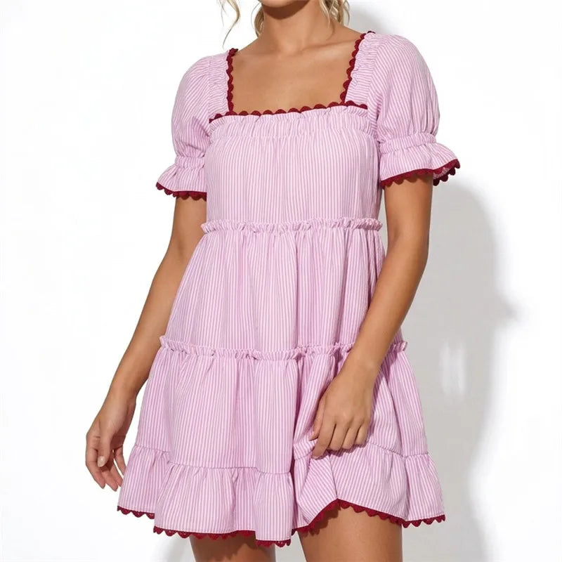 Christmas Plaid Tiered Dress Women Square Neck Puff Sleeve Lace Trim Ruffle Hem A Line Loose Fit Mini Swing Short Dress