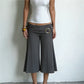 Women Metal Ring Ruched Waist Culottes Low Waist Wide Leg Cropped Pants Solid Color Flared Trousers Casual Streetwear