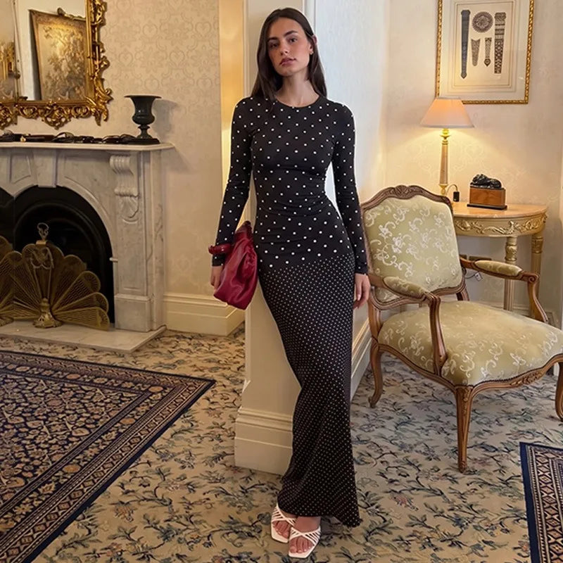 Black Long Sleeve Maxi Dress with White Polka Dot 2026 Fall Dresses for Woman Elegant Clothing