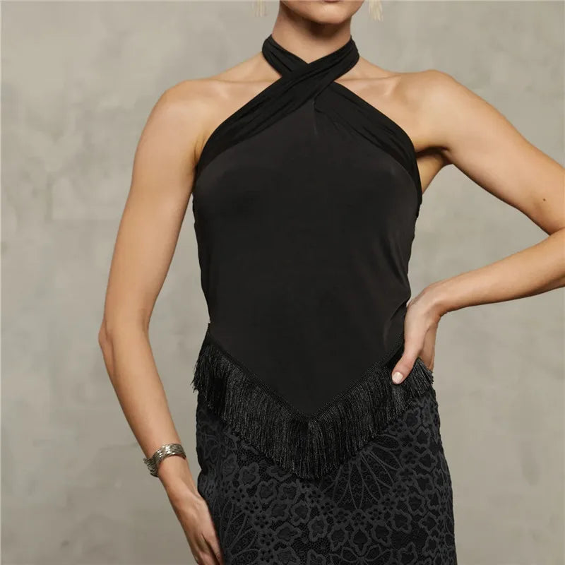 Women Halter Tank Tops Summer Solid Tassel Hem Backless Sleeveless Shirts for Streetwear Y2K Aesthetic Grunge Clothes
