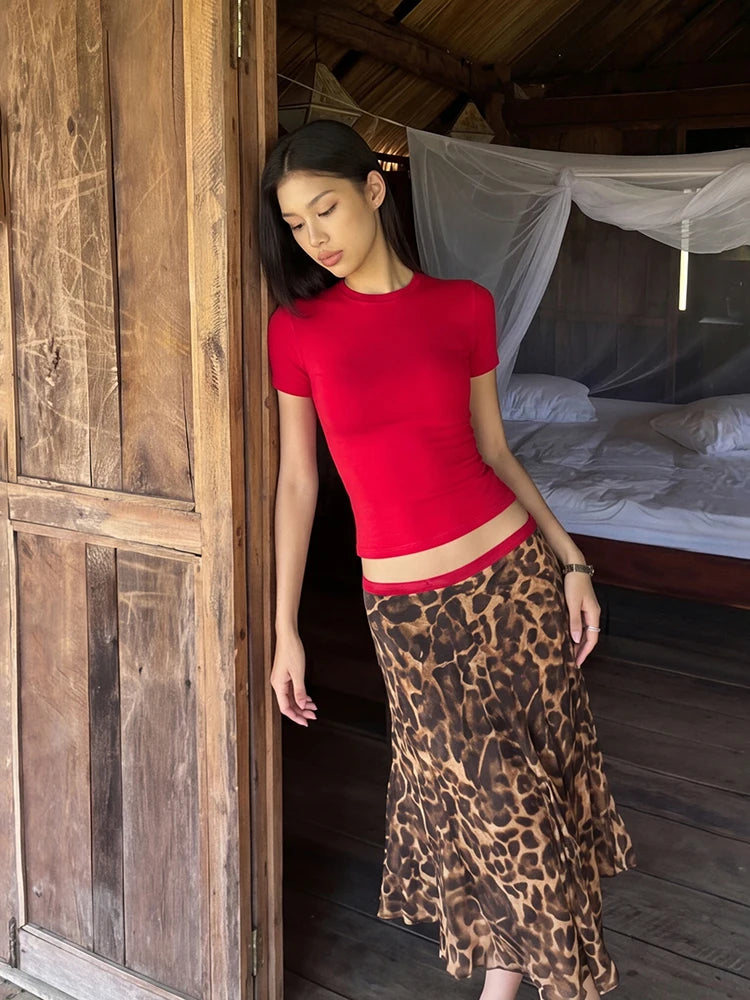 Patchwork Leopard Print Skirt Women Elastic Waist Classic Street Chic Summer Fashion Vacation Daily Leisure Clubwear