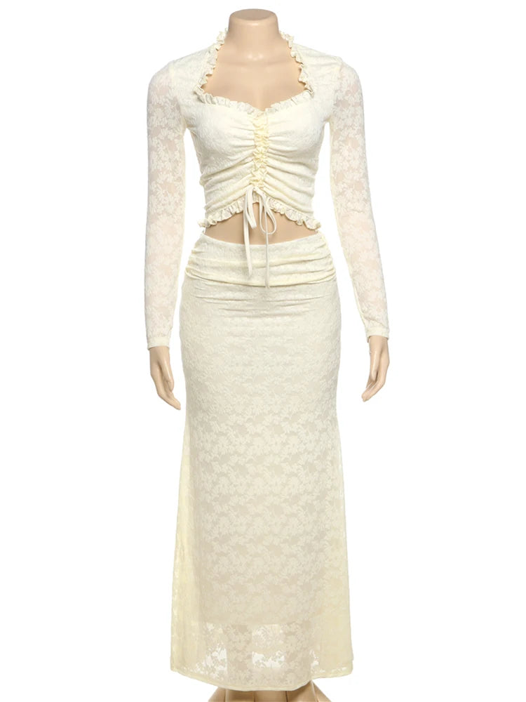 Creamy Color Style 2 Piece Set Women Ruffles Low-Neck Shirring Crop Tops+Ruched Waist Long Skirts Street Elegant Suit