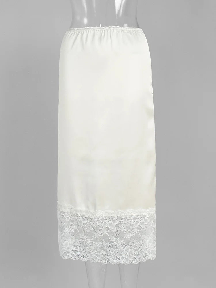 White Casual Lace Long Skirt For Women Slim High Waist Patchwork Elegant Commute Clothes Summer Female Maxi Skirt New
