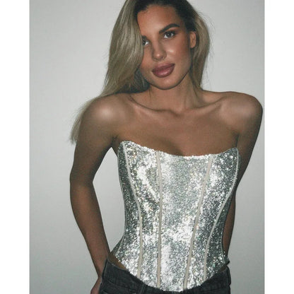 Silver Sparkling Busiter Corset Top Club Wear Sexy Backless Bandage Crop Tops for Womens 2023 Y2k Tube Tops