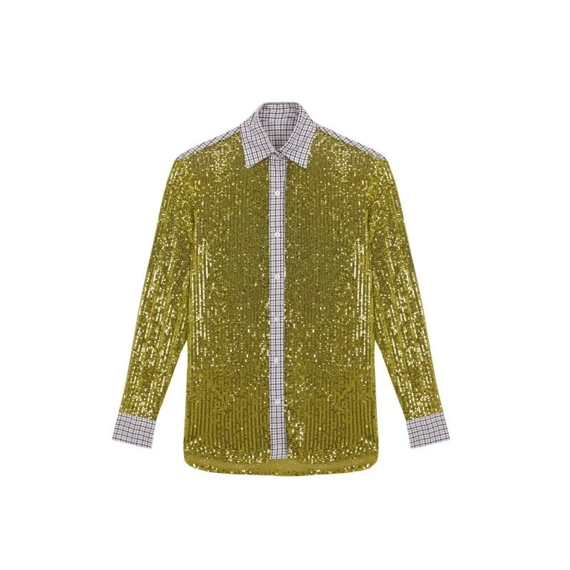 Sequin Loose Pants Two Piece Sets Women Patchwork Long Sleeve Shirt And Trouser Female Elegant Long Pants 2 Piece Sets