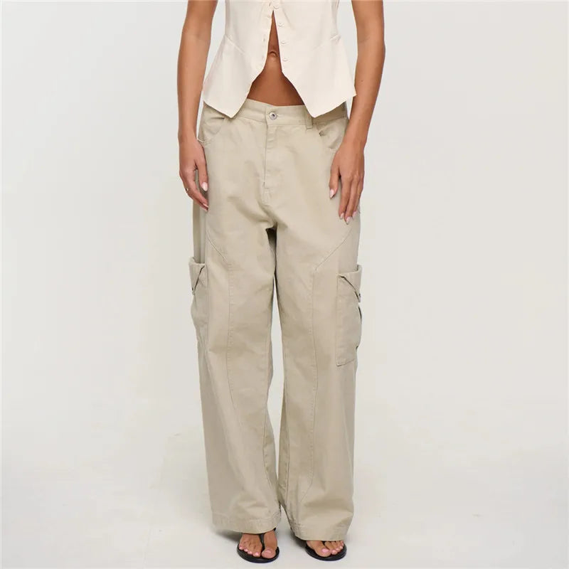 Vintage Y2K Women Baggy Wide Leg Cargo Pants Mid Rise Flap Multi Pockets Stitch Seam Loose Straight Trousers Streetwear