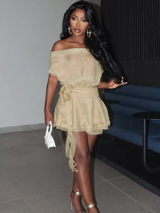 Hipster Sash+Dress Women Thin Elegant Slash Neck Tierred Puffy Hem 3d Flowers Tassel Buttons Skinny Party Bodycon