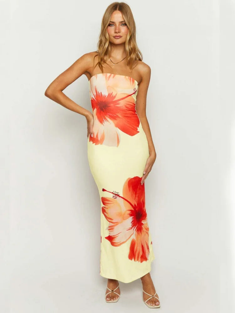 Floral Print Strapless Fishtail Long Dresses Sexy Sunday Summer Dress Woman 2025 Vacation Outfits Elegant