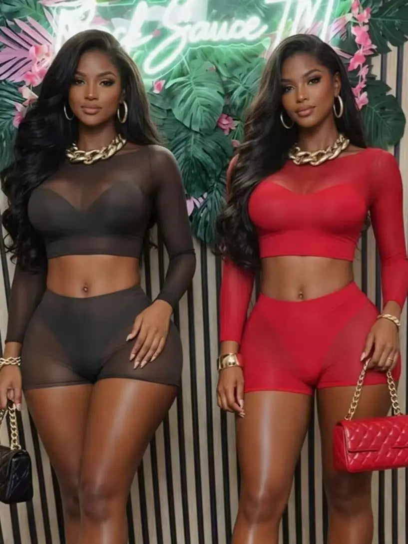 Wild See Through 2 Piece Set Women Sexy Turtleneck Full Sleeve Crop T-Shirt+Bike Shorts Midnight Street Club Suits