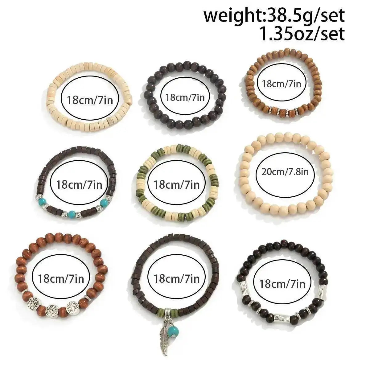 9Pcs/Set Ethnic Feather Tree of Life Pendant Bracelet for Men on Hand Elastic Wooden Beaded Bangles Couple Jewelry Gift