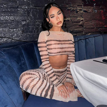 Sexy Mesh See Through Stripe Printed 2 Piece Flare Pant Sets Female Clothes Outfits Fall Women Matching Sets