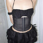 sexy 2-piece set women patchwork folds single-breasted halter hollow off-shoulder tops+lace-up puffy hem skirt suit
