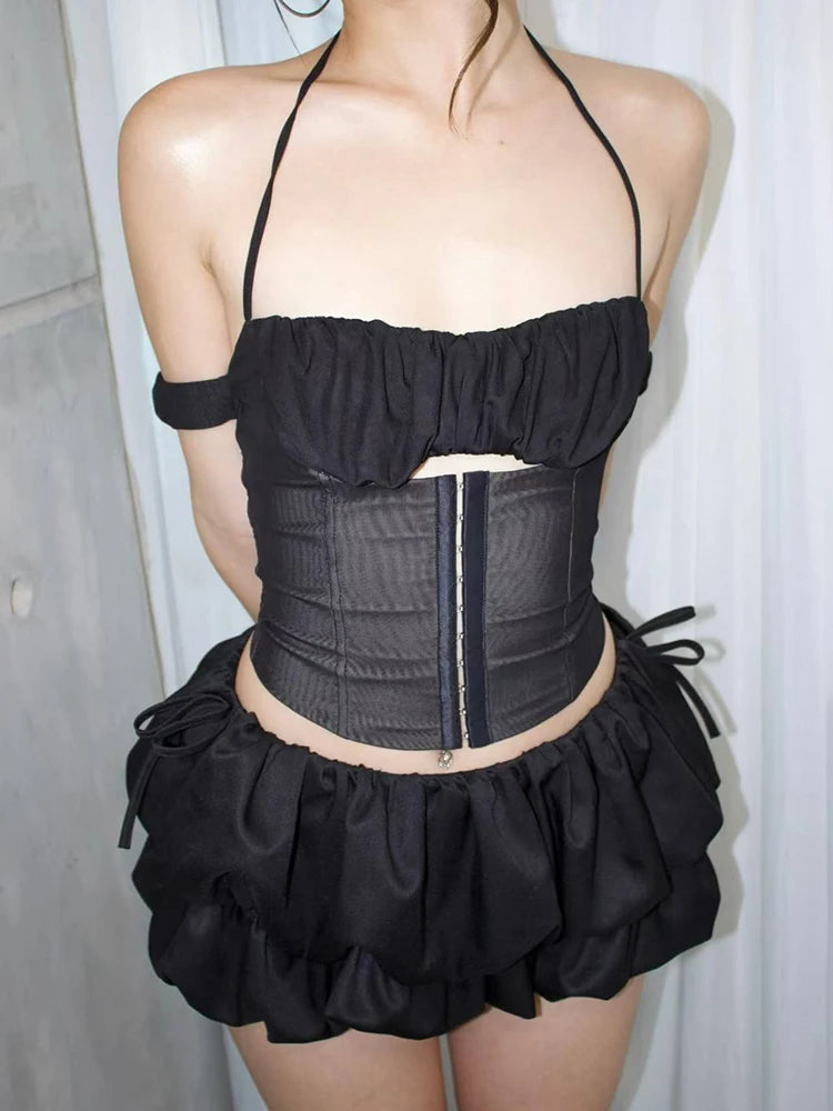 sexy 2-piece set women patchwork folds single-breasted halter hollow off-shoulder tops+lace-up puffy hem skirt suit