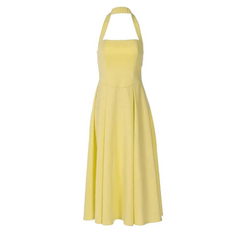 Halter Backless Long Dresses for Summer French Style Elegant Yellow Dress Woman Clothes