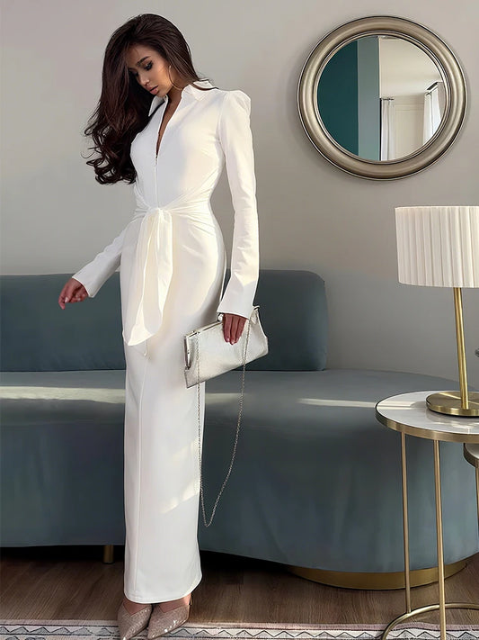 Sexy Maxi Dress Women Shoulder Padded Zip Wrapped Bandage Long Sleeve Slit Elegant Solid Office Simple Skinny Bodycon