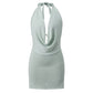 Women Knitted Halter Dress Slim Solid Cowl Neckline Sleeveless Open Back Mini Bodycon Dress for Summer Party Clubwear