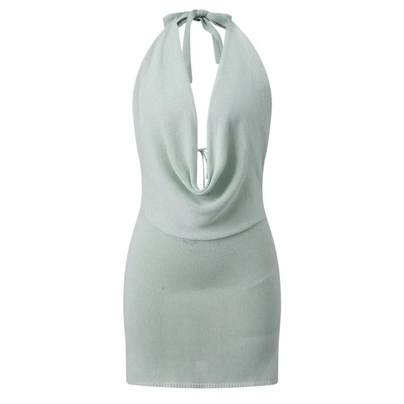 Women Knitted Halter Dress Slim Solid Cowl Neckline Sleeveless Open Back Mini Bodycon Dress for Summer Party Clubwear