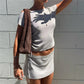 Solid Knit Off Shoulder 2 Piece Set Women Short Sleeve Button Front Crop Top Ruched Mini Skirt Summer Y2K Streetwear