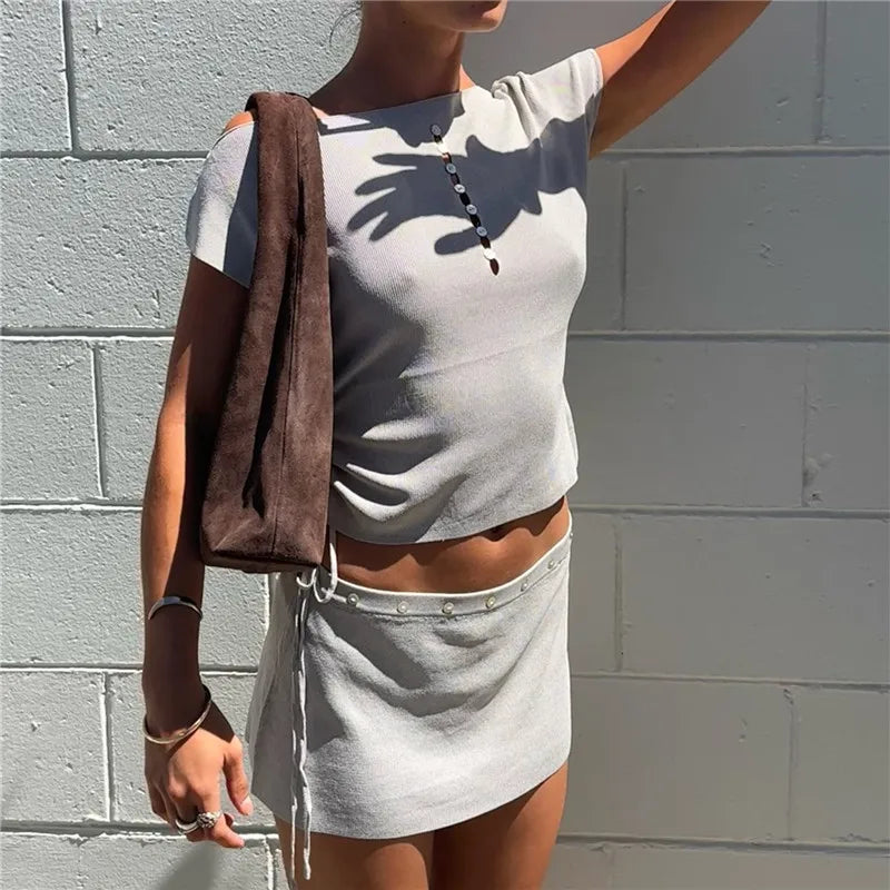Solid Knit Off Shoulder 2 Piece Set Women Short Sleeve Button Front Crop Top Ruched Mini Skirt Summer Y2K Streetwear