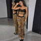 Leopard Print Pantsuit Womens Club Outfit Summer 2025 Two Piece Set  Lace Trim Cami Top and Flare Pants