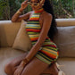 Colorful Stripe Halter Dress Women Sexy Backless Bandage Knit Thin Sleeveless Hottie Stretch Vacation Beach Clubwear