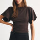 Women's Boat Neck Flutter Sleeve Ruched Side Cropped T-Shirt Solid Color Slim Fit Casual Short Sleeve Top for Summer