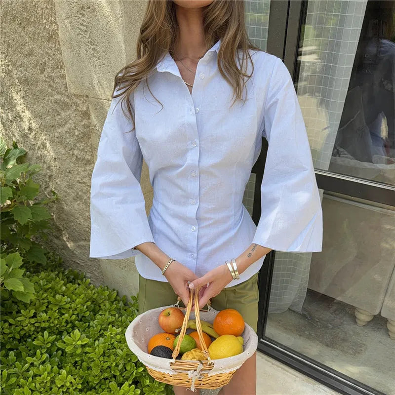 Y2K Tie Back Cinched Waist Collared Shirt For Women Flare 3/4 Sleeve Button‑Front Slim Fitted Curved Hem Casual Blouse