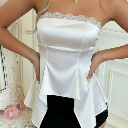 Women's Strapless Tank Tops Y2K Preppy Lace Trim Irregular Hem Casual Tube Sleveless Vest Shirt Summer Streetwear