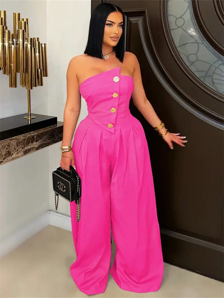 Metal Buttons Patchwork Wide-Leg Jumpsuit Women Summer Trend Strapless Zip Backless Street Fashion Classic Overalls