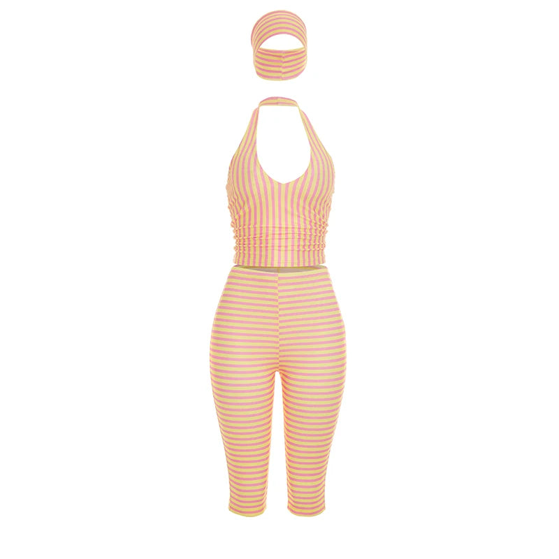 Stripe Print 3-Piece Set Women Headband+Halter Backless Vests+Elastic Waist Shorts Sporty Style Hottie Streetwear